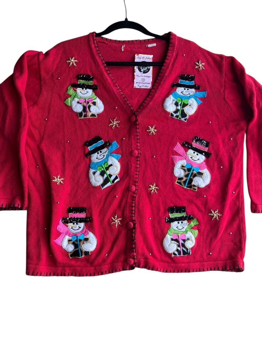 Vintage Women's Christmas Embroidered Snowman Knit Cardigan Red Size XL